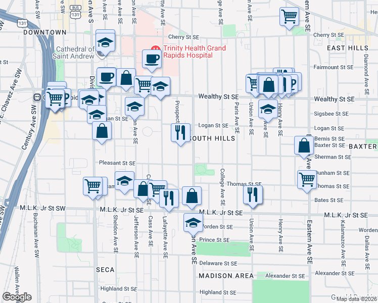 map of restaurants, bars, coffee shops, grocery stores, and more near 554 Madison Avenue Southeast in Grand Rapids