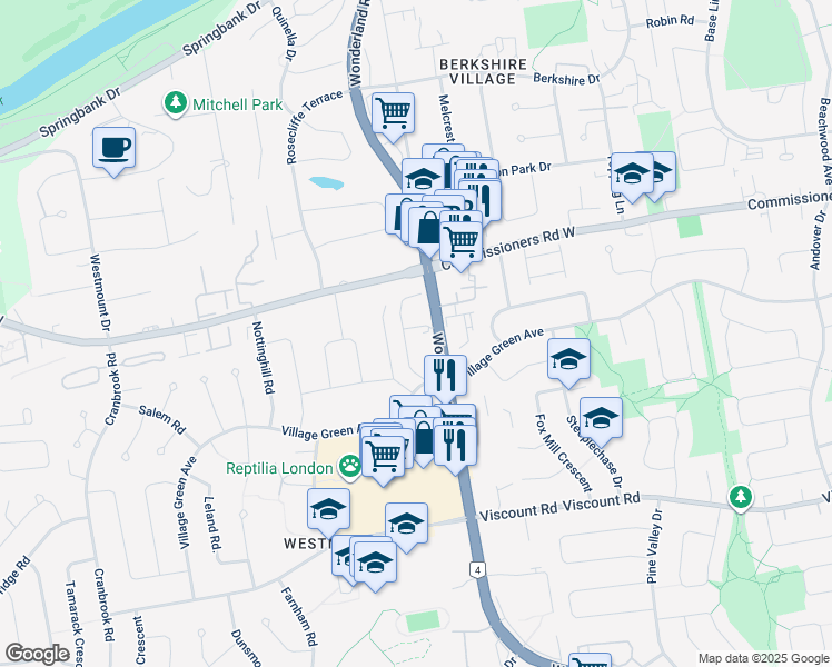 map of restaurants, bars, coffee shops, grocery stores, and more near 685 Wonderland Road South in London