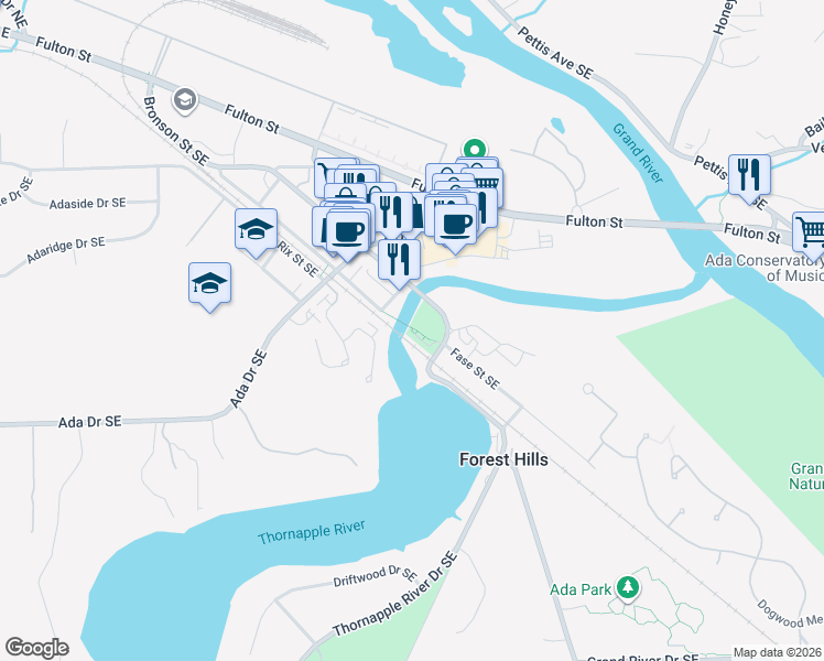 map of restaurants, bars, coffee shops, grocery stores, and more near Ada Covered Bridge in Ada