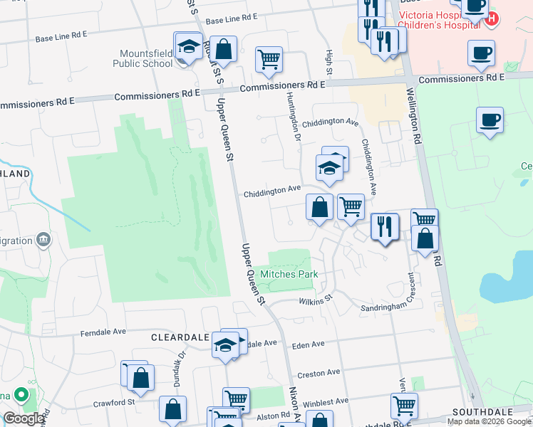 map of restaurants, bars, coffee shops, grocery stores, and more near 15 Compton Crescent in London