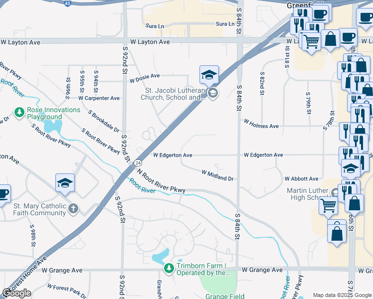 map of restaurants, bars, coffee shops, grocery stores, and more near 8900 West Midland Drive in Greendale