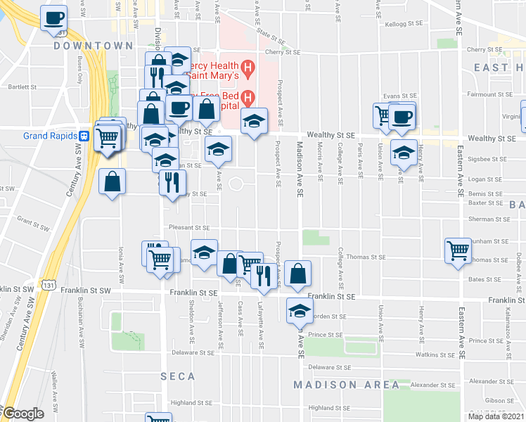 map of restaurants, bars, coffee shops, grocery stores, and more near 556 Lafayette Avenue Southeast in Grand Rapids