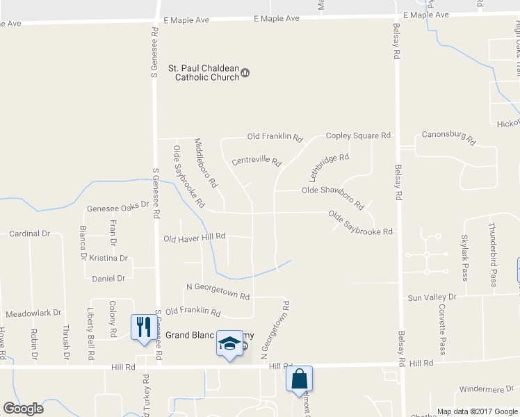 map of restaurants, bars, coffee shops, grocery stores, and more near 5265 Olde Saybrooke Road in Grand Blanc