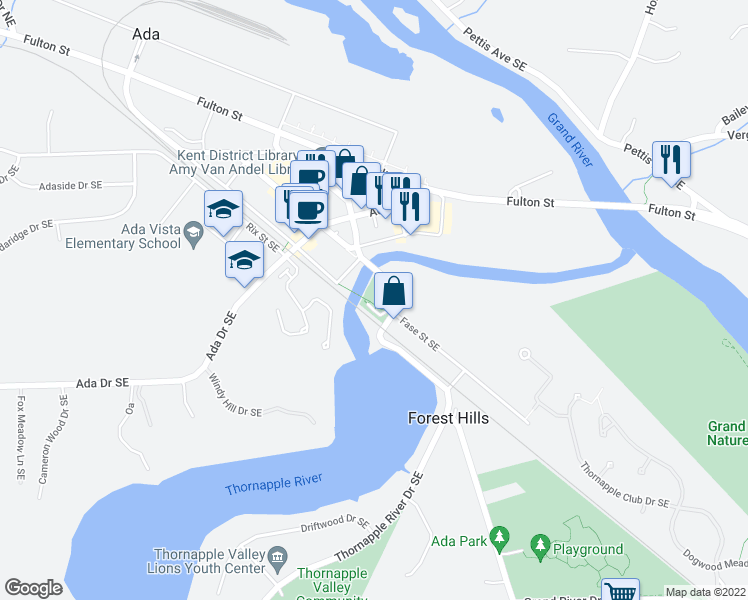map of restaurants, bars, coffee shops, grocery stores, and more near 7490 Thornapple River Drive Southeast in Ada