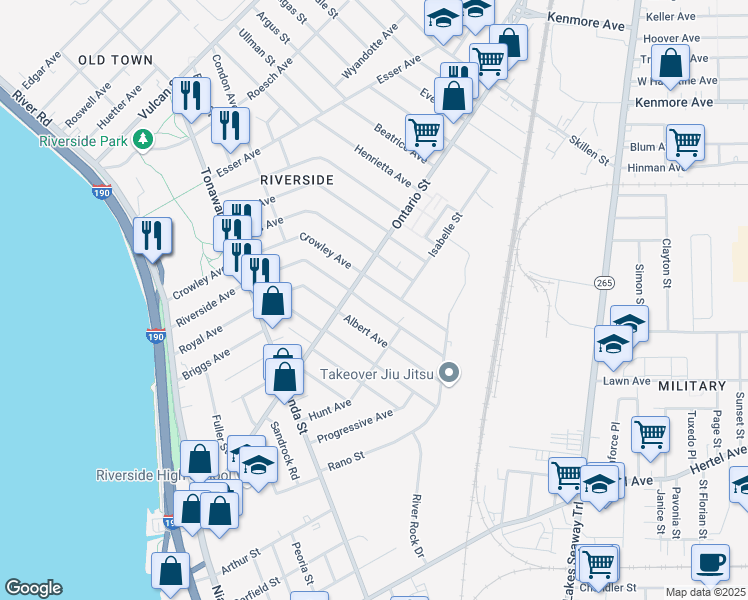 map of restaurants, bars, coffee shops, grocery stores, and more near 268 Riverside Ave in Buffalo
