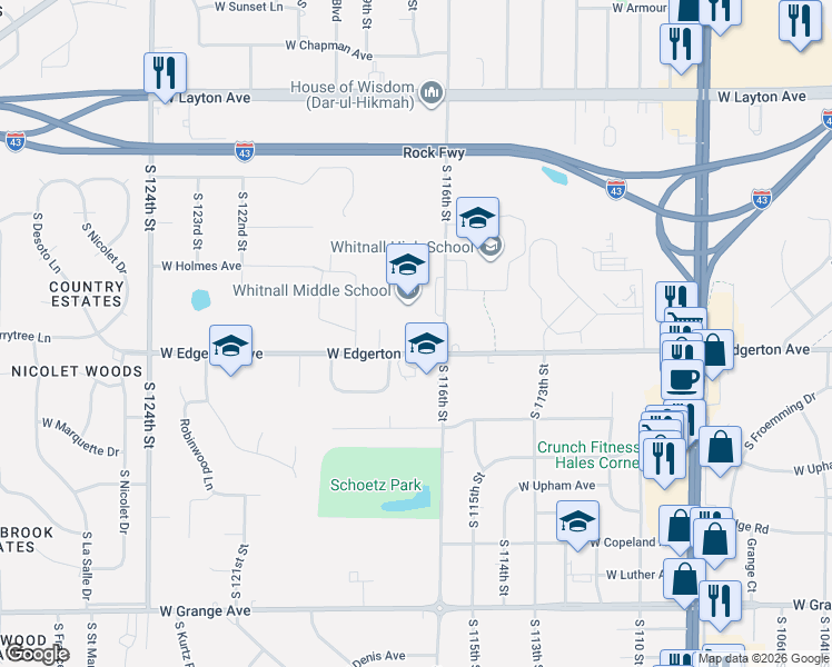 map of restaurants, bars, coffee shops, grocery stores, and more near 11636 West Edgerton Avenue in Hales Corners