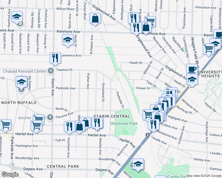 map of restaurants, bars, coffee shops, grocery stores, and more near Parkside Avenue & Shoshone Street in Buffalo
