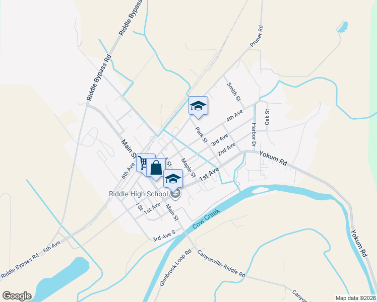 map of restaurants, bars, coffee shops, grocery stores, and more near 429 4th Avenue in Riddle