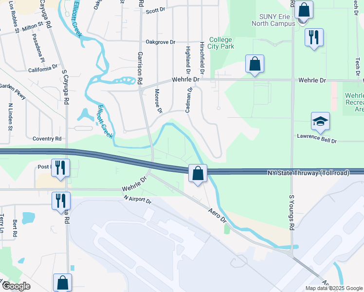 map of restaurants, bars, coffee shops, grocery stores, and more near 36 Creek Heights in Buffalo