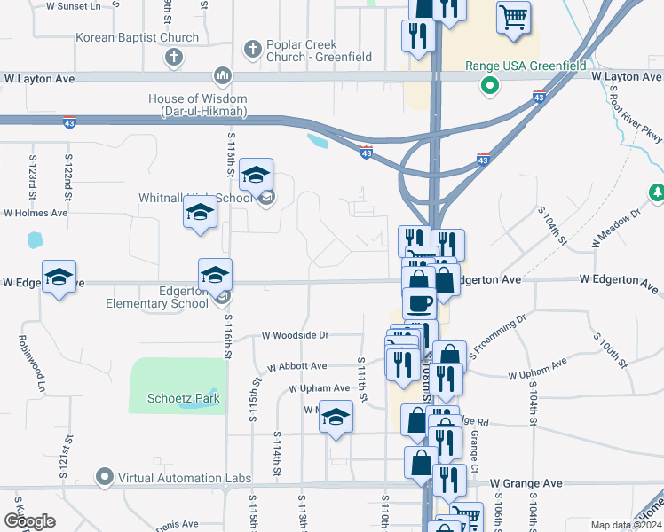 map of restaurants, bars, coffee shops, grocery stores, and more near 11211 West Talon Circle in Milwaukee