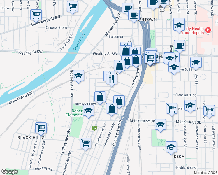 map of restaurants, bars, coffee shops, grocery stores, and more near 571 Cesar E. Chavez Avenue Southwest in Grand Rapids