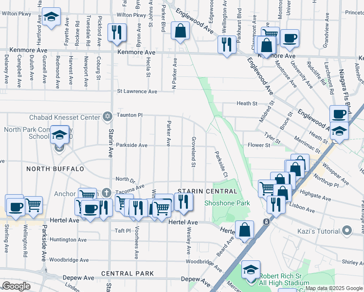 map of restaurants, bars, coffee shops, grocery stores, and more near Parkside Avenue & Carmel Road in Buffalo