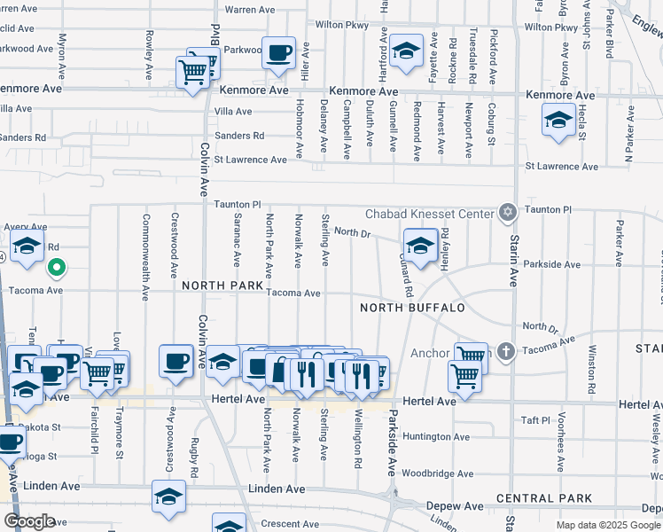 map of restaurants, bars, coffee shops, grocery stores, and more near 278 Sterling Avenue in Buffalo