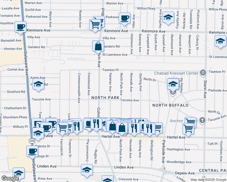 map of restaurants, bars, coffee shops, grocery stores, and more near 290 North Park Avenue in Buffalo