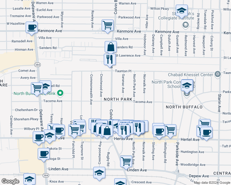 map of restaurants, bars, coffee shops, grocery stores, and more near 240 Saranac Avenue in Buffalo