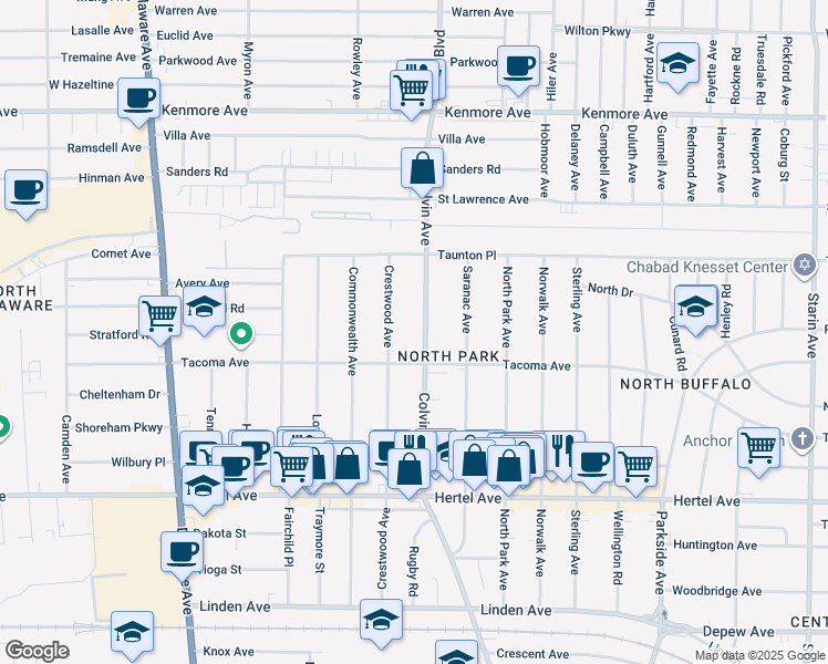 map of restaurants, bars, coffee shops, grocery stores, and more near 422 Colvin Avenue in Buffalo