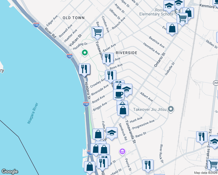 map of restaurants, bars, coffee shops, grocery stores, and more near 83 Riverside Avenue in Buffalo