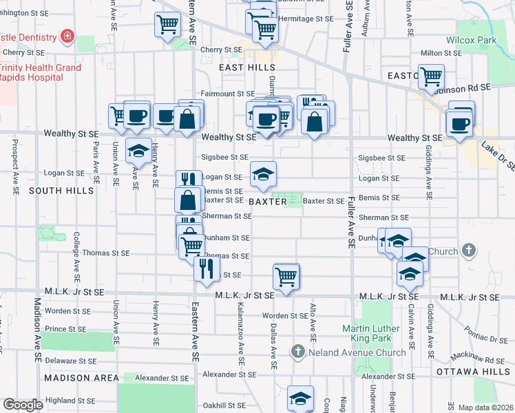 map of restaurants, bars, coffee shops, grocery stores, and more near in Grand Rapids