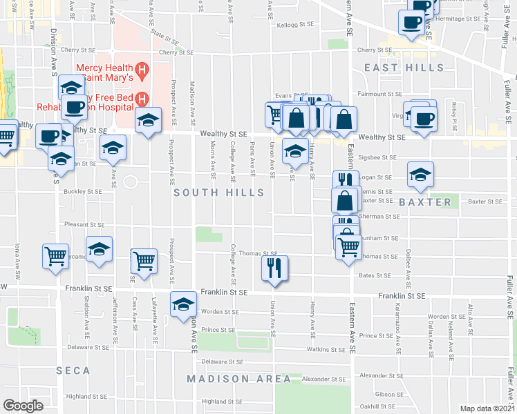map of restaurants, bars, coffee shops, grocery stores, and more near 547 Union Avenue Southeast in Grand Rapids