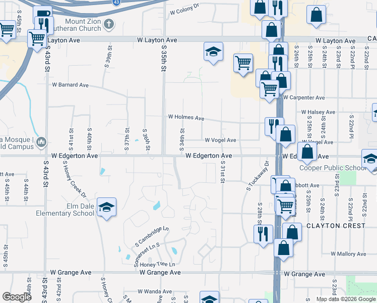 map of restaurants, bars, coffee shops, grocery stores, and more near 3350 West Edgerton Avenue in Greenfield