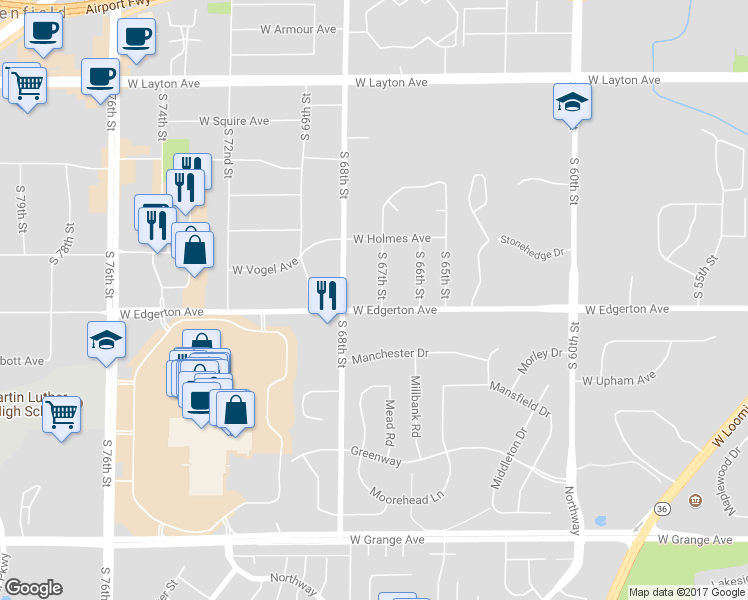 map of restaurants, bars, coffee shops, grocery stores, and more near 5089 South 67th Street in Greenfield
