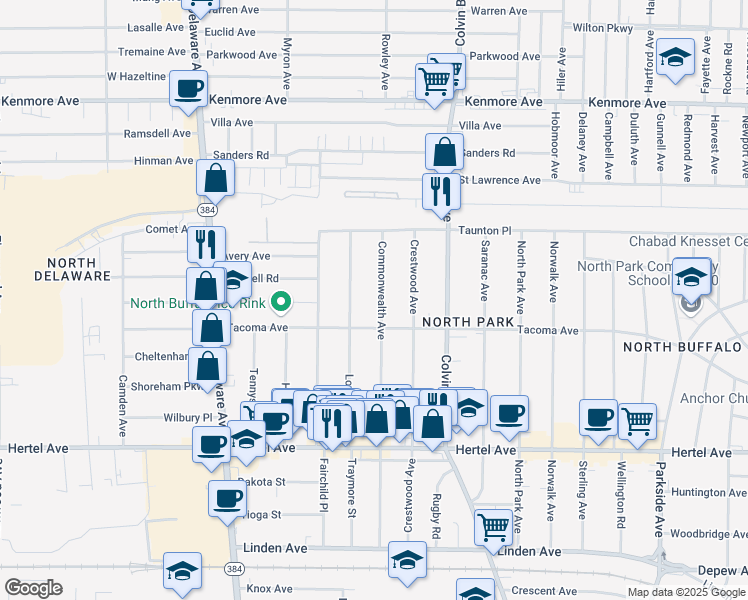 map of restaurants, bars, coffee shops, grocery stores, and more near 264 Commonwealth Avenue in Buffalo
