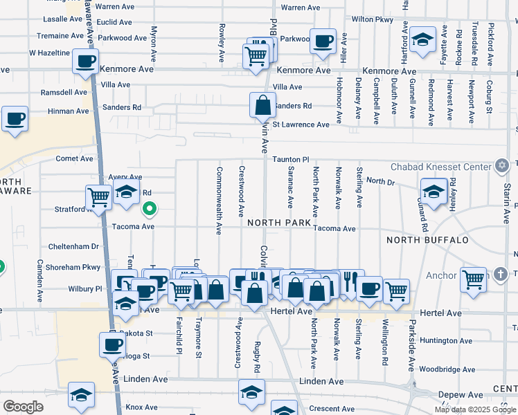 map of restaurants, bars, coffee shops, grocery stores, and more near 422 Colvin Avenue in Buffalo