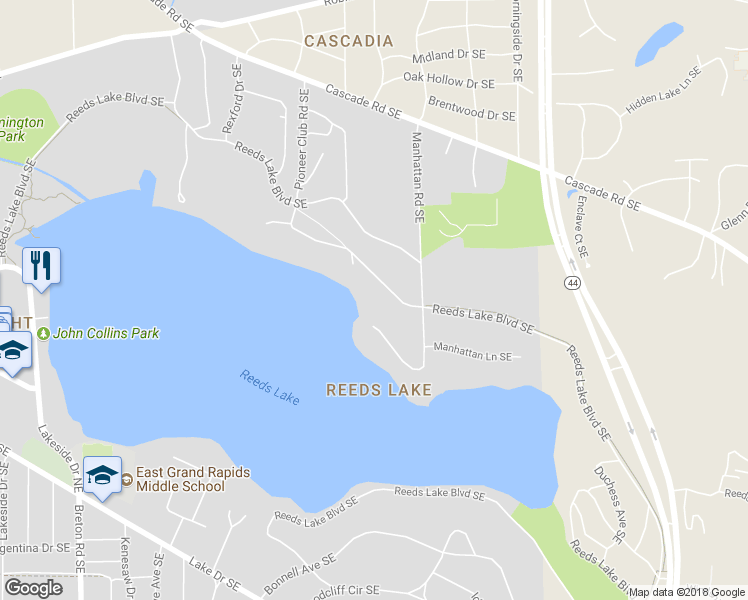 map of restaurants, bars, coffee shops, grocery stores, and more near 2924 Pioneer Club Road Southeast in East Grand Rapids