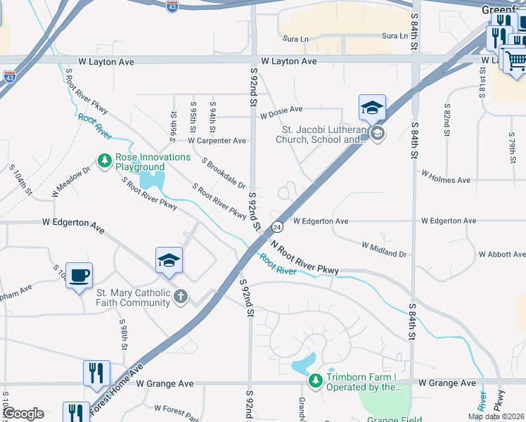 map of restaurants, bars, coffee shops, grocery stores, and more near 5070 South 92nd Street in Greenfield