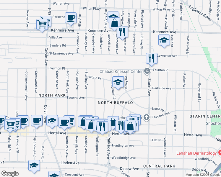 map of restaurants, bars, coffee shops, grocery stores, and more near 50 Cunard Road in Buffalo