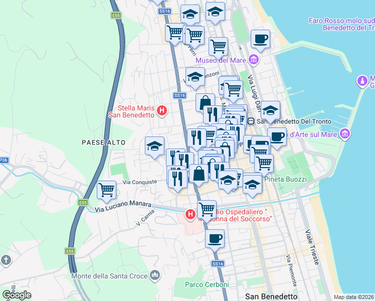 map of restaurants, bars, coffee shops, grocery stores, and more near 93 Corso Giuseppe Mazzini in San Benedetto del Tronto