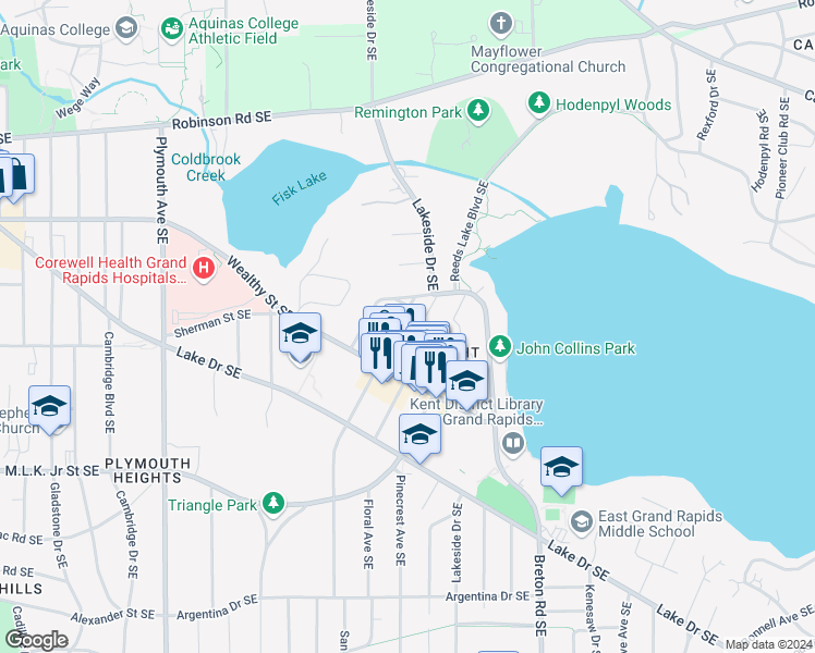 map of restaurants, bars, coffee shops, grocery stores, and more near 546 Lovett Avenue Southeast in East Grand Rapids