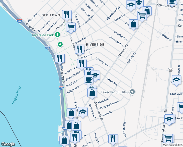 map of restaurants, bars, coffee shops, grocery stores, and more near 132 Royal Avenue in Buffalo