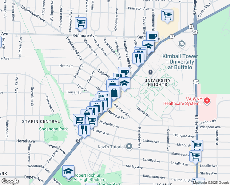 map of restaurants, bars, coffee shops, grocery stores, and more near 3242 Main Street in Buffalo