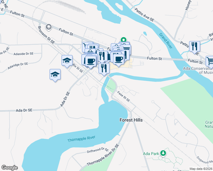 map of restaurants, bars, coffee shops, grocery stores, and more near Ada Covered Bridge in Ada