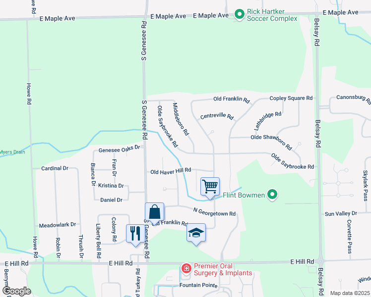 map of restaurants, bars, coffee shops, grocery stores, and more near 5185 Olde Saybrooke Road in Grand Blanc
