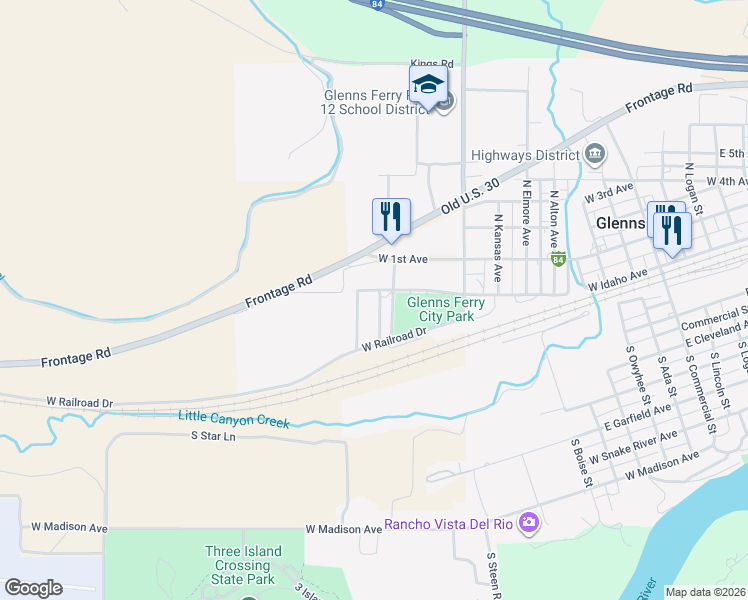 map of restaurants, bars, coffee shops, grocery stores, and more near 1015 West Idaho Avenue in Glenns Ferry