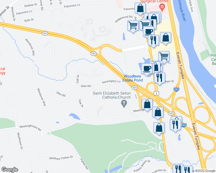 map of restaurants, bars, coffee shops, grocery stores, and more near 2 Old Coventry Lane in Bedford