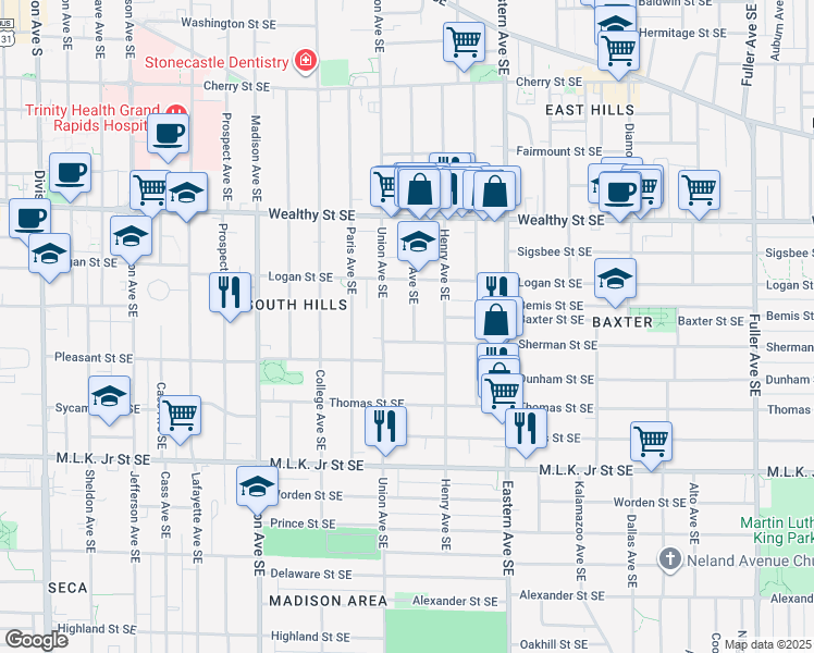 map of restaurants, bars, coffee shops, grocery stores, and more near 545 James Avenue Southeast in Grand Rapids