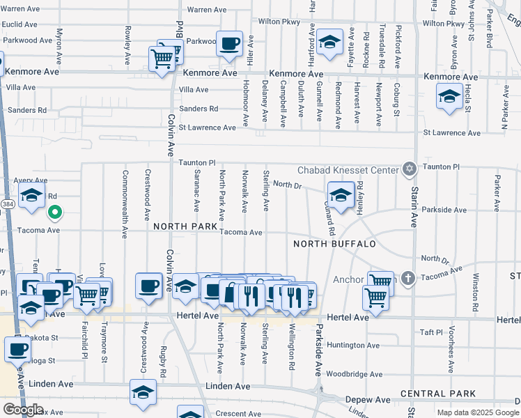 map of restaurants, bars, coffee shops, grocery stores, and more near 278 Sterling Ave in Buffalo