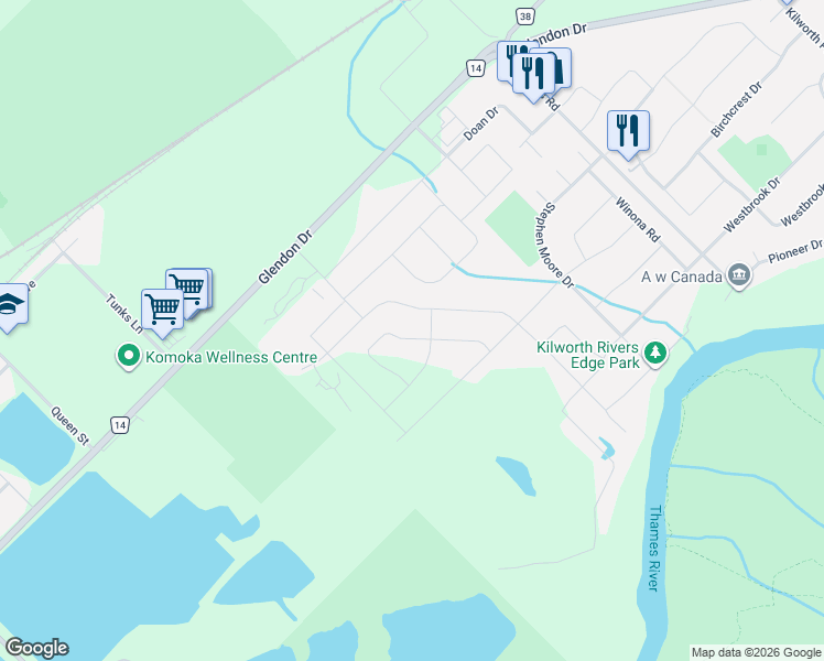 map of restaurants, bars, coffee shops, grocery stores, and more near 68 Locky Lane in Middlesex Centre