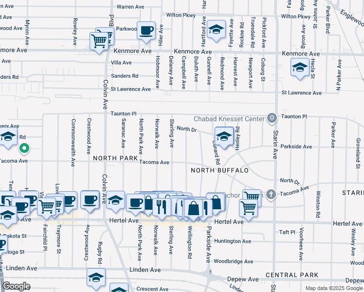map of restaurants, bars, coffee shops, grocery stores, and more near 290 Wellington Road in Buffalo