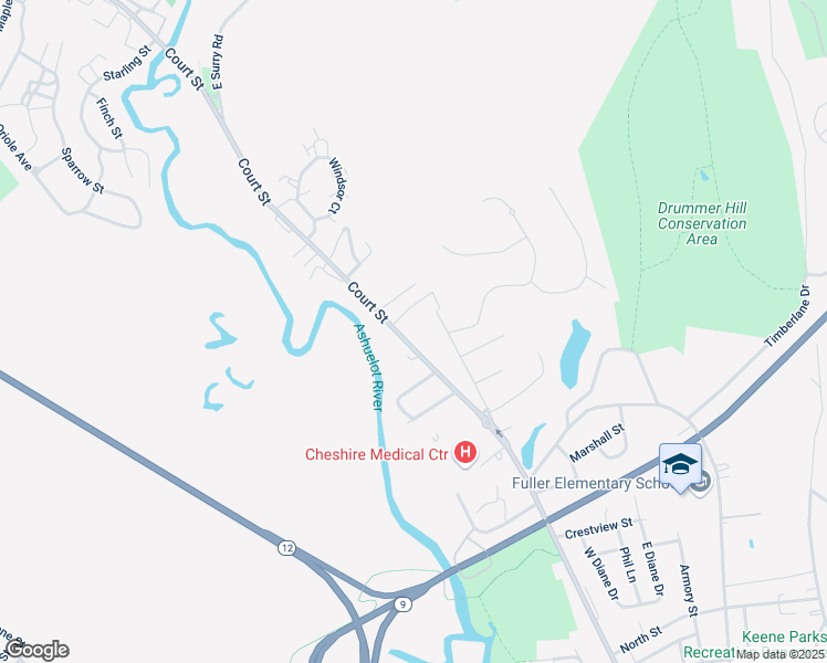 map of restaurants, bars, coffee shops, grocery stores, and more near 641 Court Street in Keene