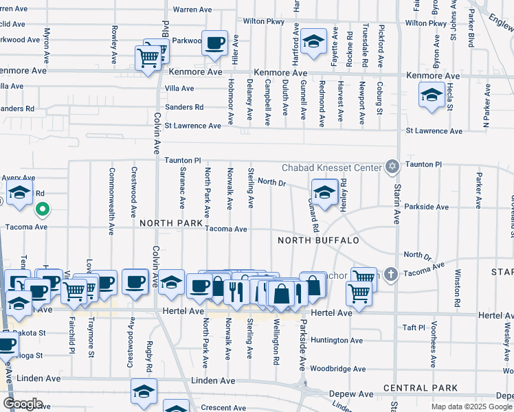 map of restaurants, bars, coffee shops, grocery stores, and more near 290 Wellington Road in Buffalo