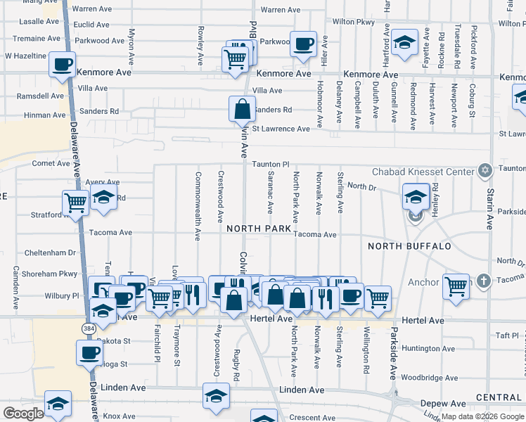 map of restaurants, bars, coffee shops, grocery stores, and more near 240 Saranac Avenue in Buffalo