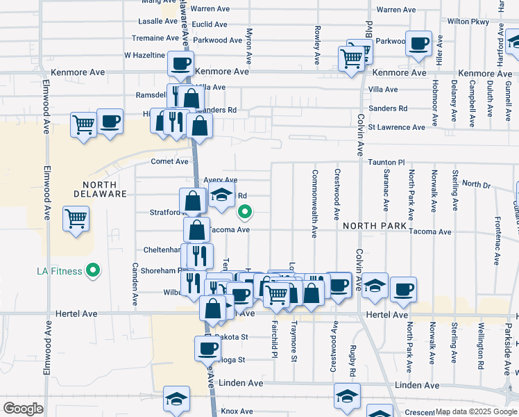 map of restaurants, bars, coffee shops, grocery stores, and more near 23 Stratford Road in Buffalo