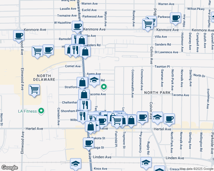 map of restaurants, bars, coffee shops, grocery stores, and more near 23 Stratford Road in Buffalo