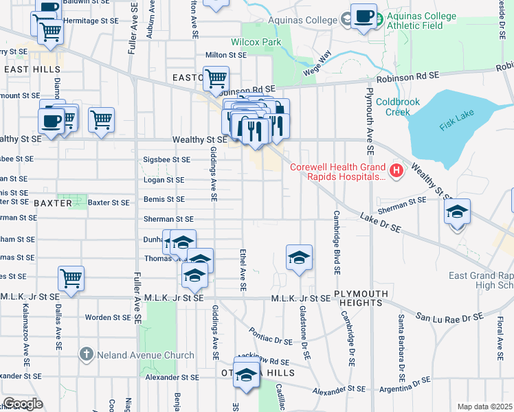 map of restaurants, bars, coffee shops, grocery stores, and more near 539 Norwood Avenue Southeast in Grand Rapids