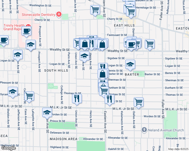 map of restaurants, bars, coffee shops, grocery stores, and more near 542 Henry Avenue Southeast in Grand Rapids