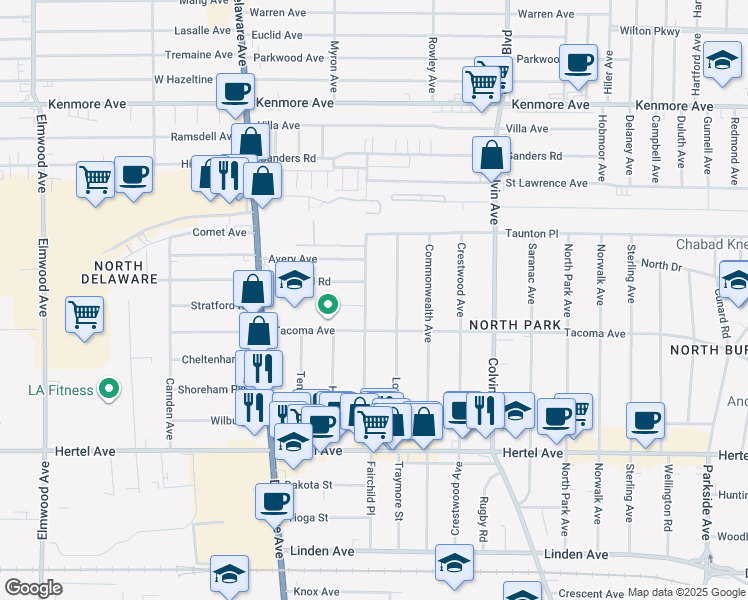 map of restaurants, bars, coffee shops, grocery stores, and more near 169 Virgil Avenue in Buffalo